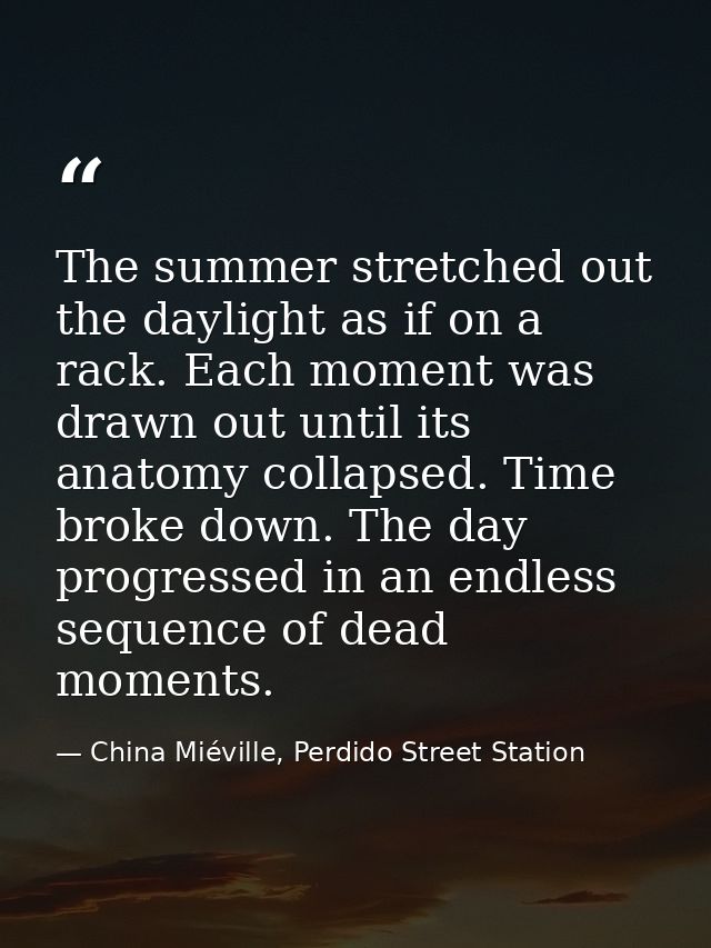 The summer stretched out the daylight as if on a rack. Each moment was drawn out until its anatomy collapsed. Time broke — China Miéville, Perdido Street Station
