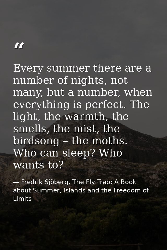 Every summer there are a number of nights, not many, but a number, when everything is perfect. The light, the warmth, th — Fredrik Sjöberg, The Fly Trap: A Book about Summer, Islands and the Freedom of Limits