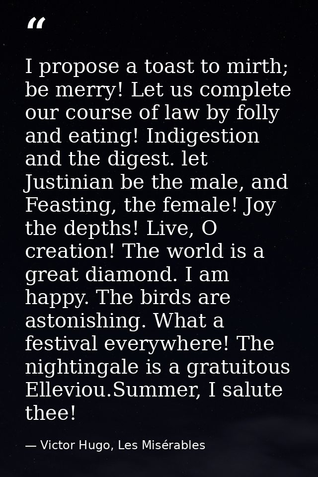 I propose a toast to mirth; be merry! Let us complete our course of law by folly and eating! Indigestion and the digest. — Victor Hugo, Les Misérables