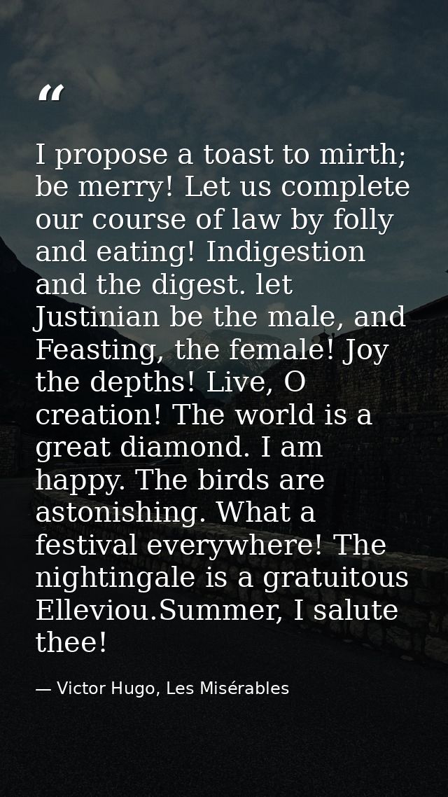 I propose a toast to mirth; be merry! Let us complete our course of law by folly and eating! Indigestion and the digest. — Victor Hugo, Les Misérables