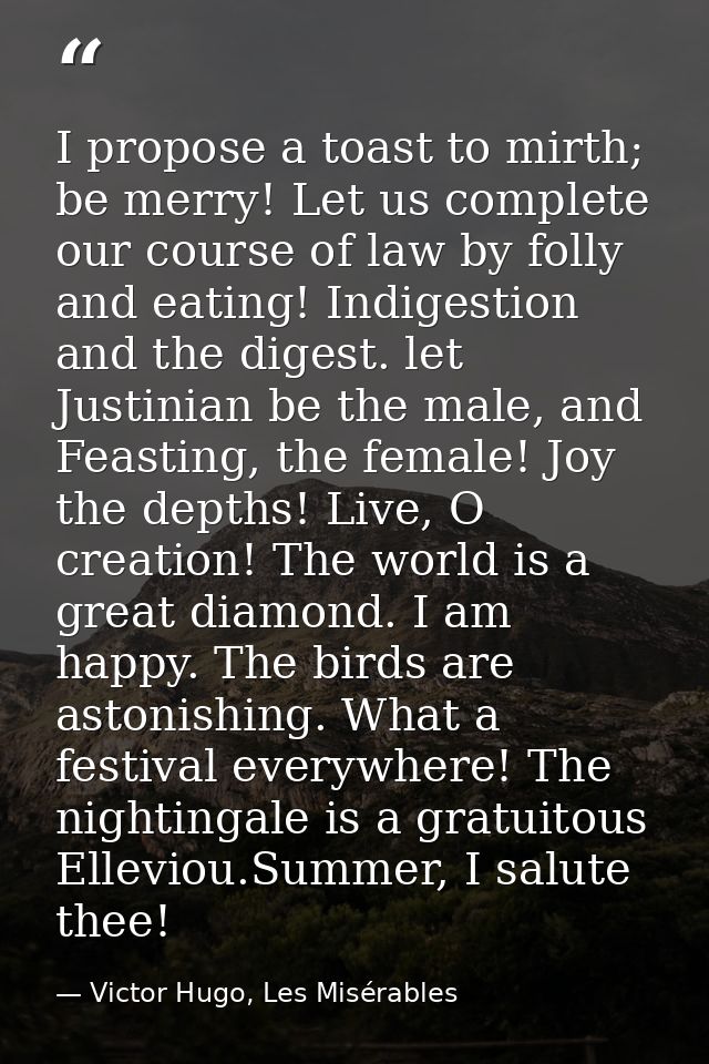 I propose a toast to mirth; be merry! Let us complete our course of law by folly and eating! Indigestion and the digest. — Victor Hugo, Les Misérables