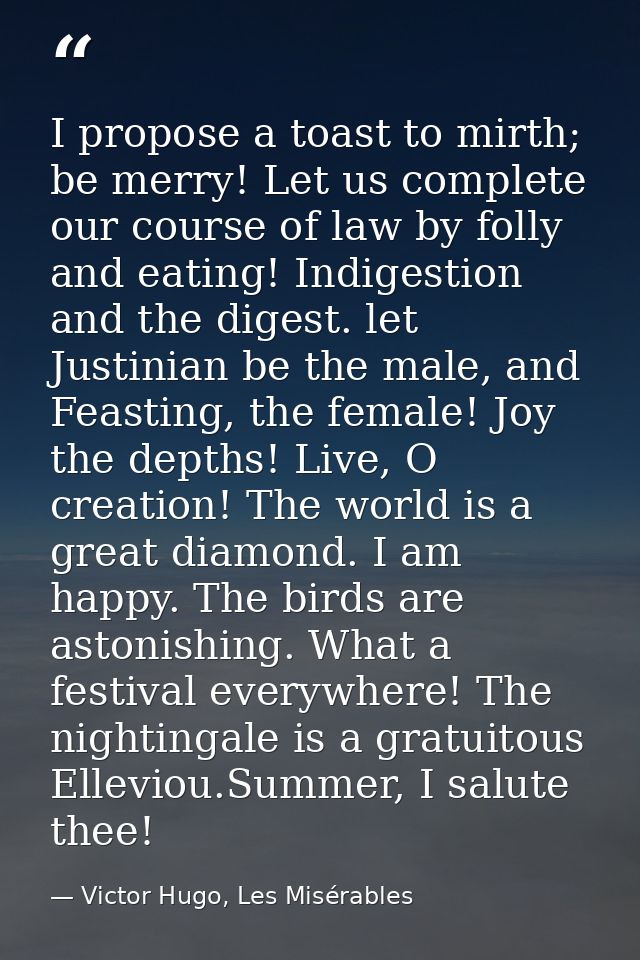 I propose a toast to mirth; be merry! Let us complete our course of law by folly and eating! Indigestion and the digest. — Victor Hugo, Les Misérables