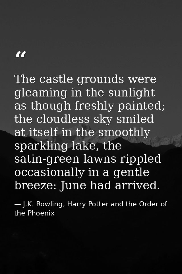 The castle grounds were gleaming in the sunlight as though freshly painted; the cloudless sky smiled at itself in the sm — J.K. Rowling, Harry Potter and the Order of the Phoenix