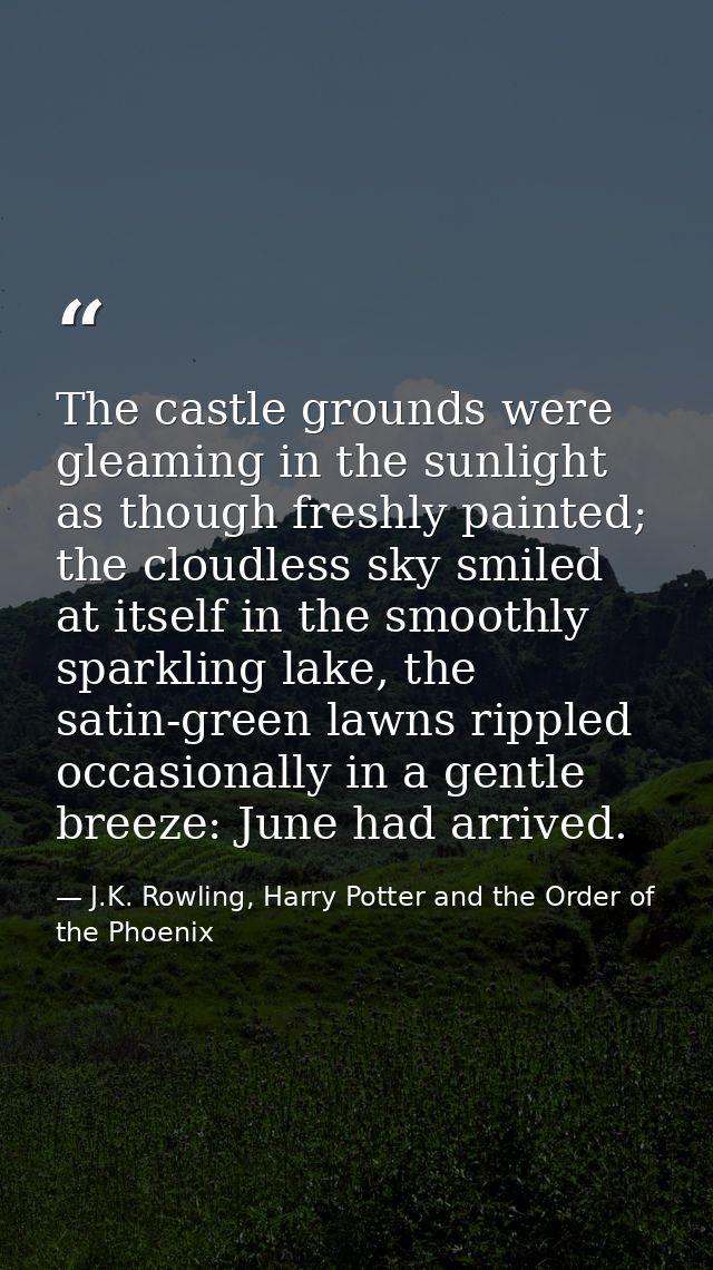 The castle grounds were gleaming in the sunlight as though freshly painted; the cloudless sky smiled at itself in the sm — J.K. Rowling, Harry Potter and the Order of the Phoenix