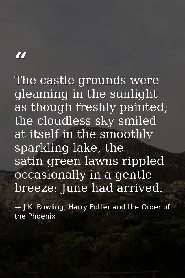 The castle grounds were gleaming in the sunlight as though freshly painted; the cloudless sky smiled at itself in the sm — J.K. Rowling, Harry Potter and the Order of the Phoenix