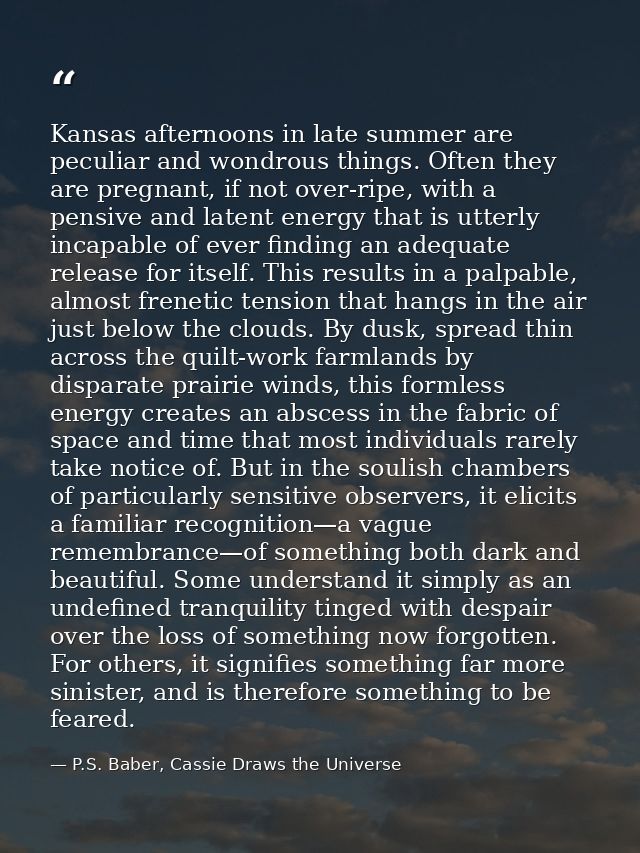 Kansas afternoons in late summer are peculiar and wondrous things. Often they are pregnant, if not over-ripe, with a pen — P.S. Baber, Cassie Draws the Universe