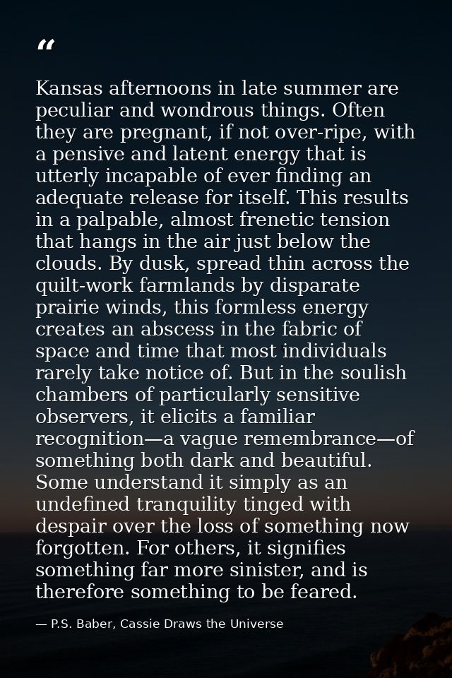 Kansas afternoons in late summer are peculiar and wondrous things. Often they are pregnant, if not over-ripe, with a pen — P.S. Baber, Cassie Draws the Universe