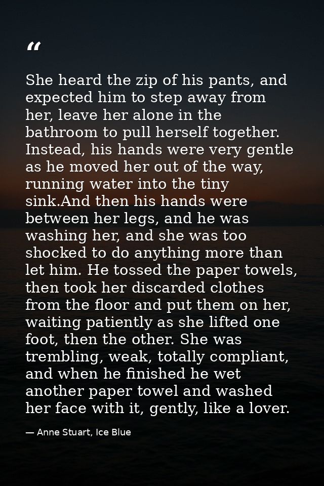 She heard the zip of his pants, and expected him to step away from her, leave her alone in the bathroom to pull herself  — Anne Stuart, Ice Blue