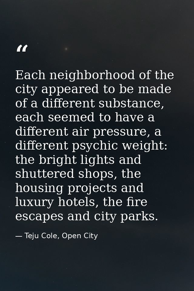Each neighborhood of the city appeared to be made of a different substance, each seemed to have a different air pressure — Teju Cole, Open City