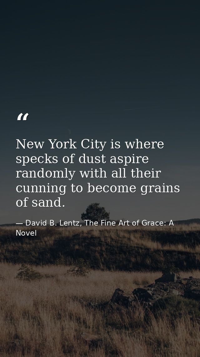 New York City is where specks of dust aspire randomly with all their cunning to become grains of sand. — David B. Lentz, The Fine Art of Grace: A Novel