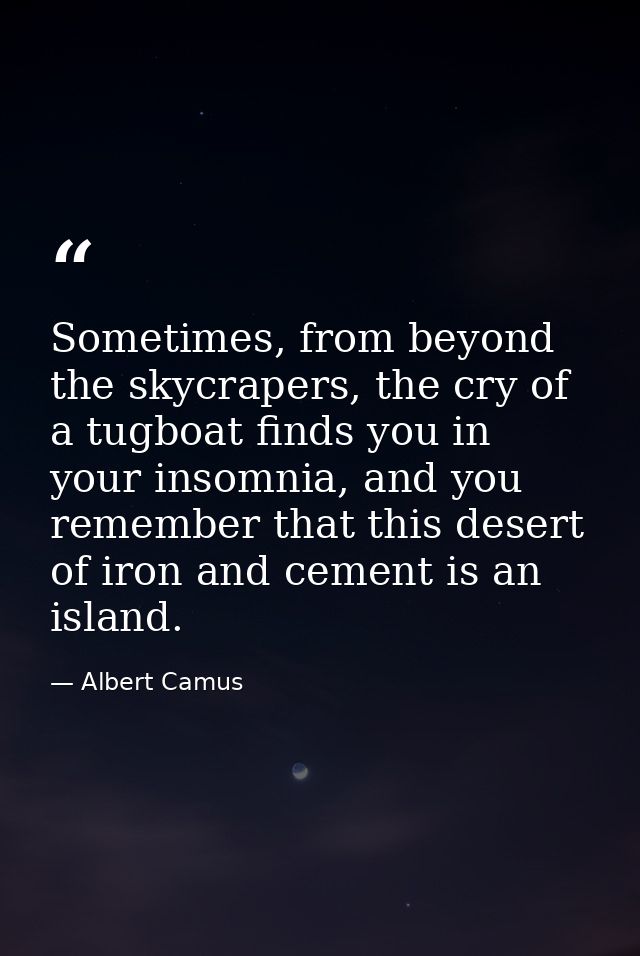 Sometimes, from beyond the skycrapers, the cry of a tugboat finds you in your insomnia, and you remember that this deser — Albert Camus