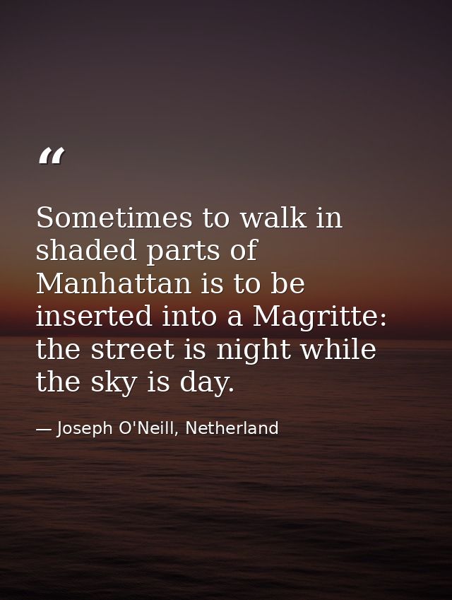 Sometimes to walk in shaded parts of Manhattan is to be inserted into a Magritte: the street is night while the sky is d — Joseph O'Neill, Netherland