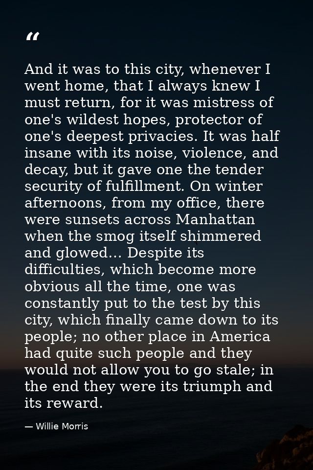 And it was to this city, whenever I went home, that I always knew I must return, for it was mistress of one's wildest ho — Willie Morris