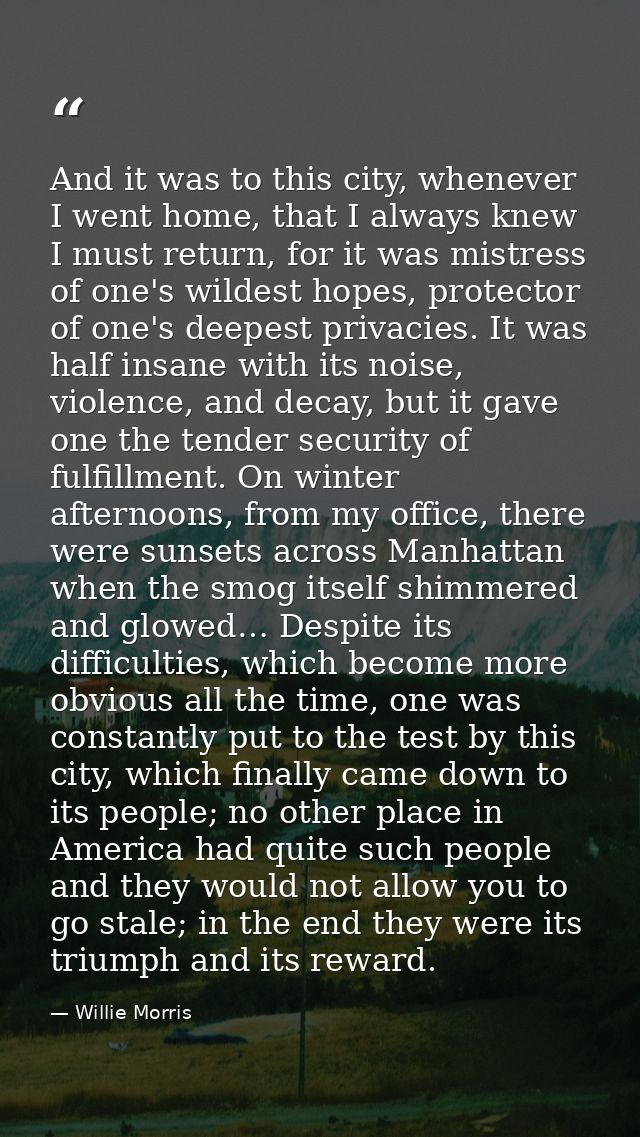 And it was to this city, whenever I went home, that I always knew I must return, for it was mistress of one's wildest ho — Willie Morris