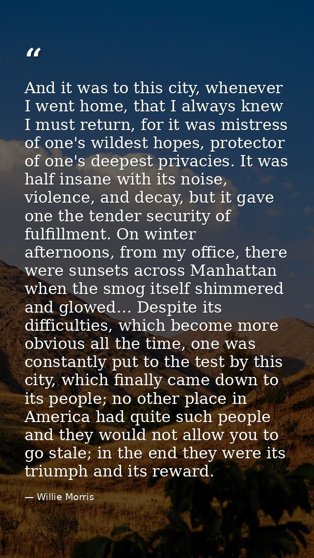 And it was to this city, whenever I went home, that I always knew I must return, for it was mistress of one's wildest ho — Willie Morris