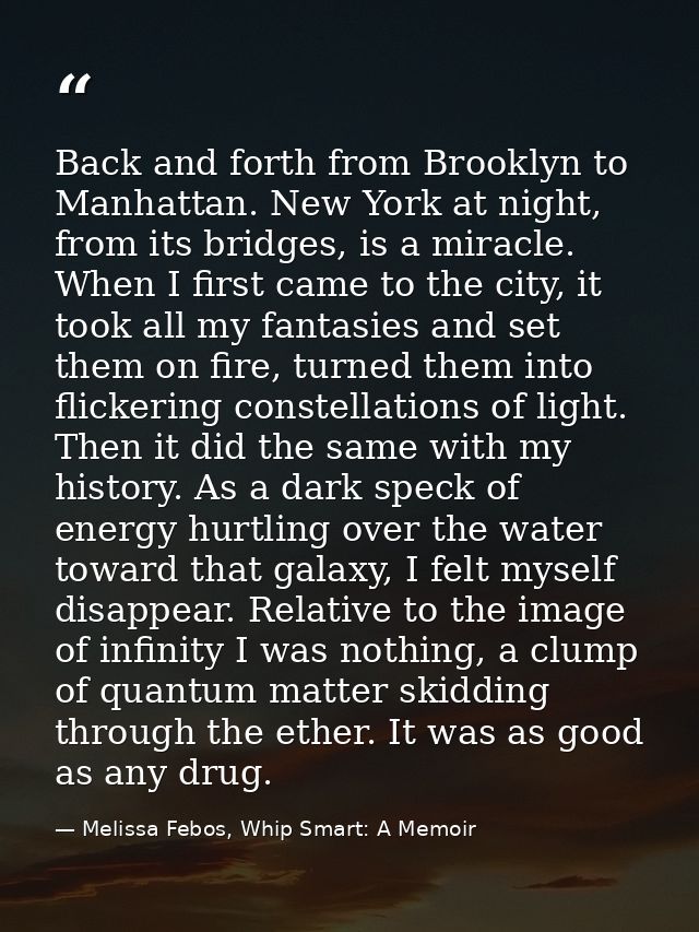 Back and forth from Brooklyn to Manhattan. New York at night, from its bridges, is a miracle. When I first came to the c — Melissa Febos, Whip Smart: A Memoir