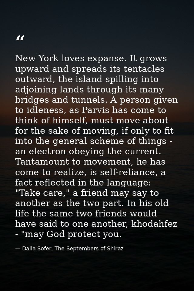 New York loves expanse. It grows upward and spreads its tentacles outward, the island spilling into adjoining lands thro — Dalia Sofer, The Septembers of Shiraz