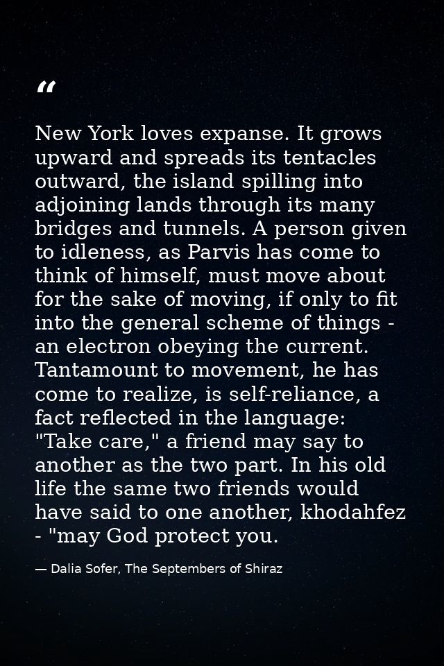 New York loves expanse. It grows upward and spreads its tentacles outward, the island spilling into adjoining lands thro — Dalia Sofer, The Septembers of Shiraz