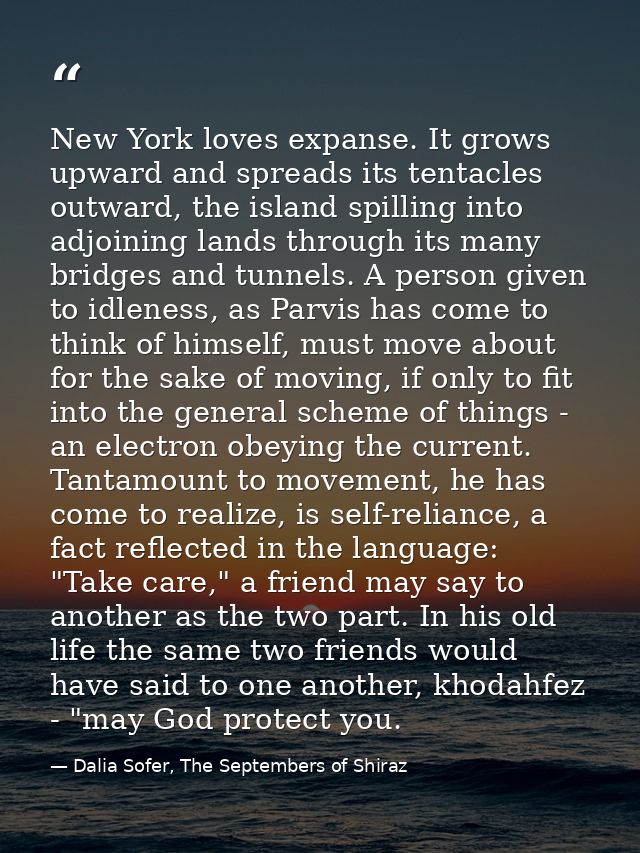 New York loves expanse. It grows upward and spreads its tentacles outward, the island spilling into adjoining lands thro — Dalia Sofer, The Septembers of Shiraz