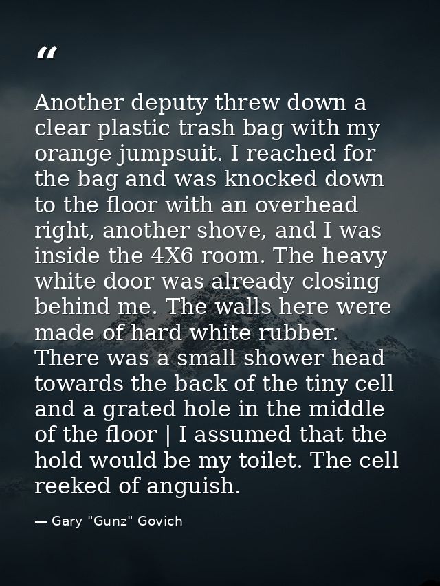 Another deputy threw down a clear plastic trash bag with my orange jumpsuit. I reached for the bag and was knocked down  — Gary "Gunz" Govich