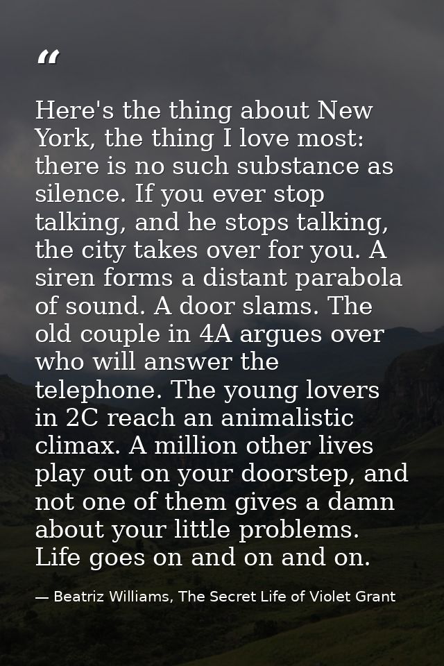Here's the thing about New York, the thing I love most: there is no such substance as silence. If you ever stop talking, — Beatriz Williams, The Secret Life of Violet Grant