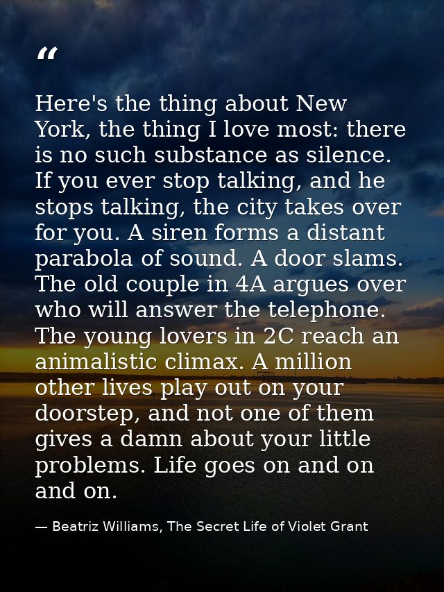 Here's the thing about New York, the thing I love most: there is no such substance as silence. If you ever stop talking, — Beatriz Williams, The Secret Life of Violet Grant