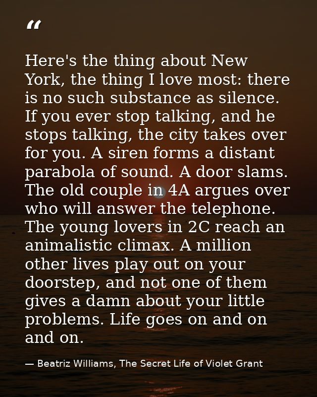 Here's the thing about New York, the thing I love most: there is no such substance as silence. If you ever stop talking, — Beatriz Williams, The Secret Life of Violet Grant