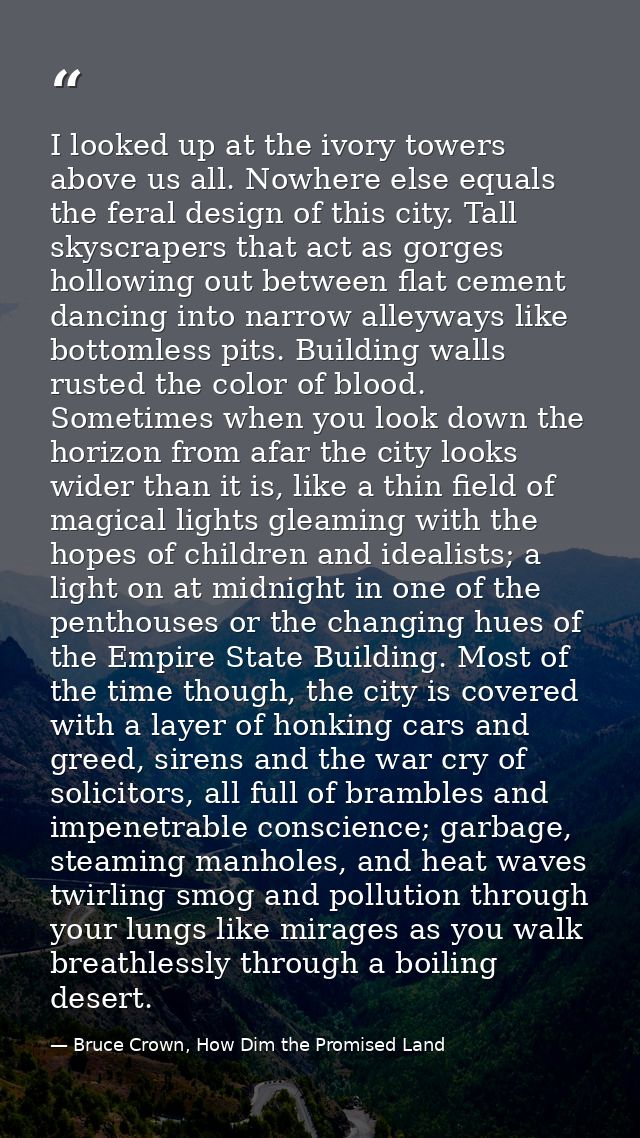 I looked up at the ivory towers above us all. Nowhere else equals the feral design of this city. Tall skyscrapers that a — Bruce Crown, How Dim the Promised Land