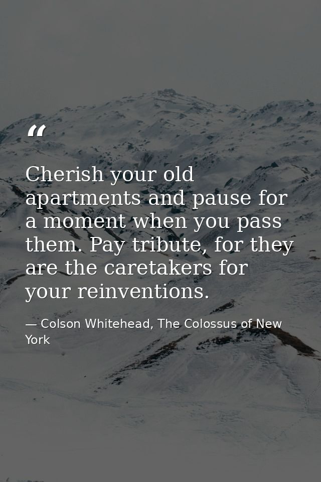 Cherish your old apartments and pause for a moment when you pass them. Pay tribute, for they are the caretakers for your — Colson Whitehead, The Colossus of New York