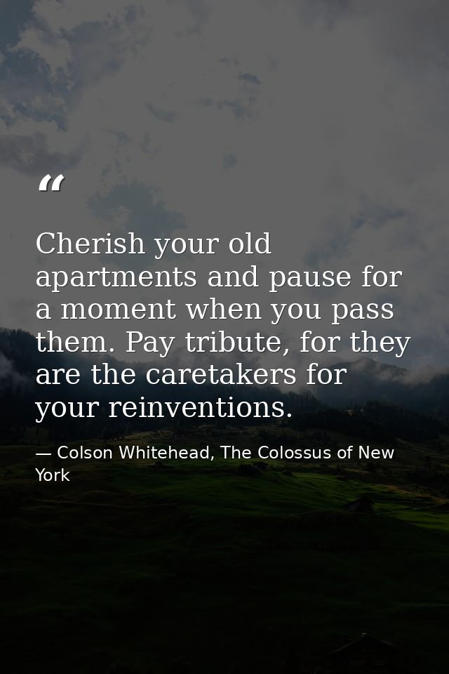 Cherish your old apartments and pause for a moment when you pass them. Pay tribute, for they are the caretakers for your — Colson Whitehead, The Colossus of New York