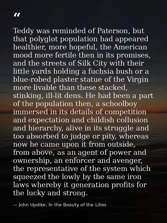 Teddy was reminded of Paterson, but that polyglot population had appeared healthier, more hopeful, the American mood mor — John Updike, In the Beauty of the Lilies
