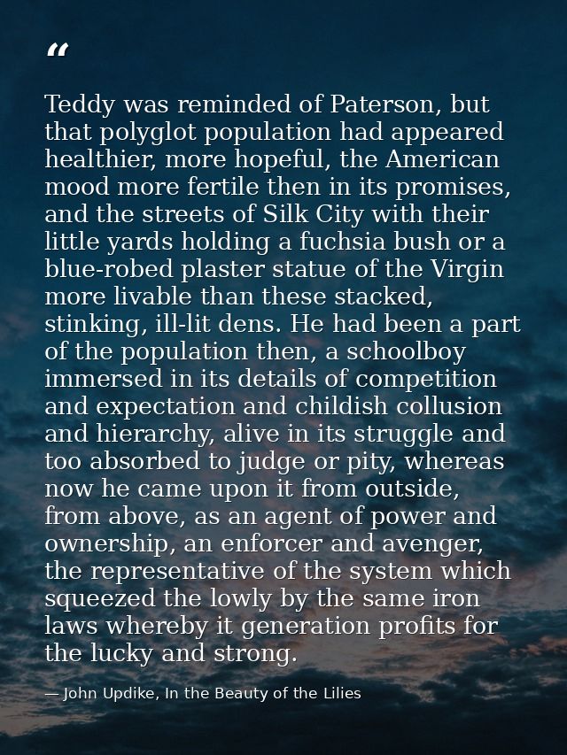 Teddy was reminded of Paterson, but that polyglot population had appeared healthier, more hopeful, the American mood mor — John Updike, In the Beauty of the Lilies