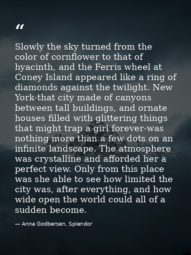 Slowly the sky turned from the color of cornflower to that of hyacinth, and the Ferris wheel at Coney Island appeared li — Anna Godbersen, Splendor