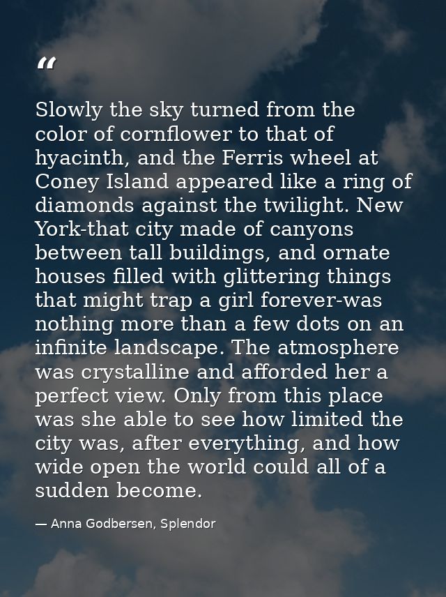 Slowly the sky turned from the color of cornflower to that of hyacinth, and the Ferris wheel at Coney Island appeared li — Anna Godbersen, Splendor