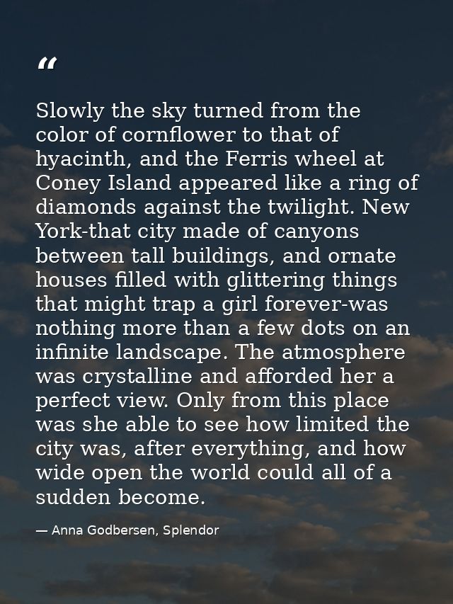 Slowly the sky turned from the color of cornflower to that of hyacinth, and the Ferris wheel at Coney Island appeared li — Anna Godbersen, Splendor