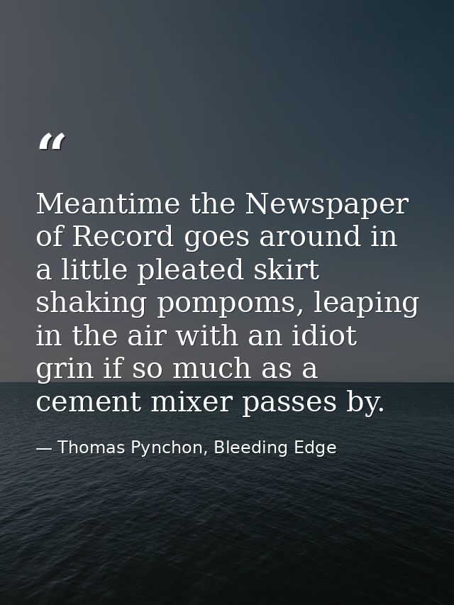 Meantime the Newspaper of Record goes around in a little pleated skirt shaking pompoms, leaping in the air with an idiot — Thomas Pynchon, Bleeding Edge