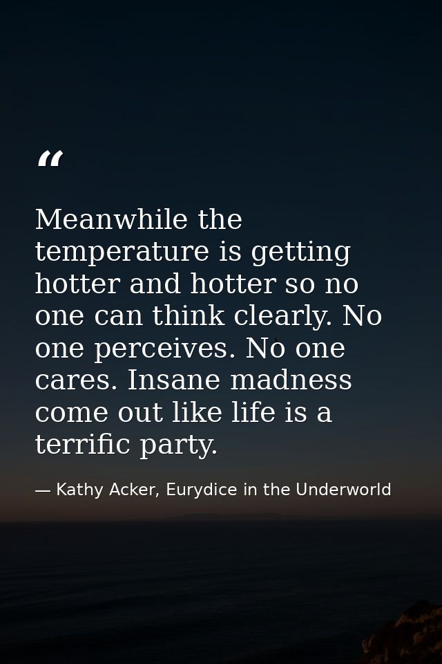 Meanwhile the temperature is getting hotter and hotter so no one can think clearly. No one perceives. No one cares. Insa — Kathy Acker, Eurydice in the Underworld
