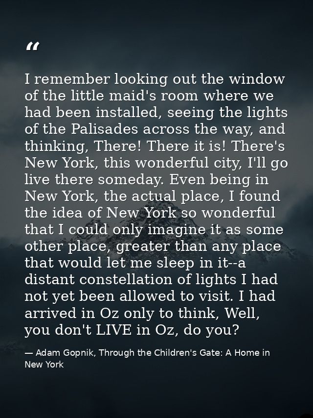 I remember looking out the window of the little maid's room where we had been installed, seeing the lights of the Palisa — Adam Gopnik, Through the Children's Gate: A Home in New York