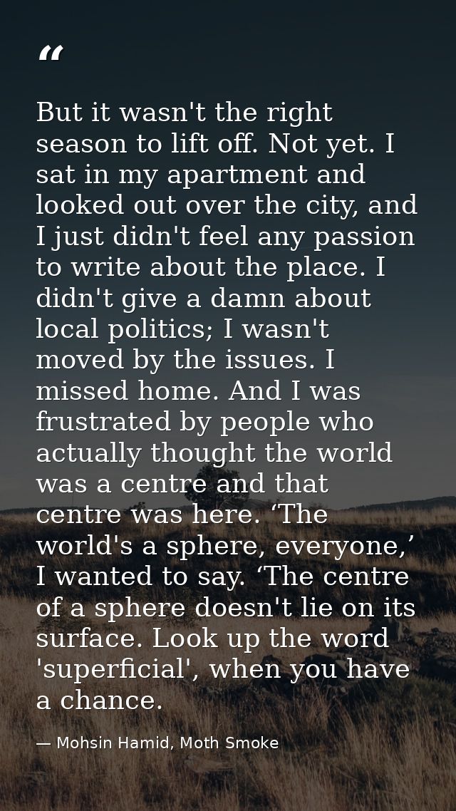 But it wasn't the right season to lift off. Not yet. I sat in my apartment and looked out over the city, and I just didn — Mohsin Hamid, Moth Smoke