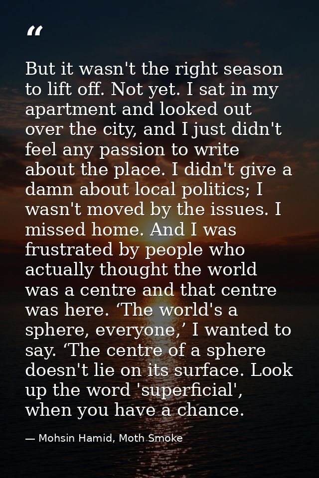 But it wasn't the right season to lift off. Not yet. I sat in my apartment and looked out over the city, and I just didn — Mohsin Hamid, Moth Smoke