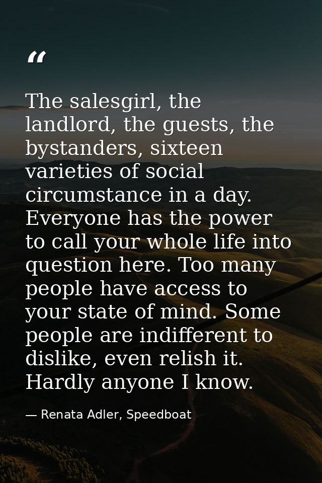 The salesgirl, the landlord, the guests, the bystanders, sixteen varieties of social circumstance in a day. Everyone has — Renata Adler, Speedboat