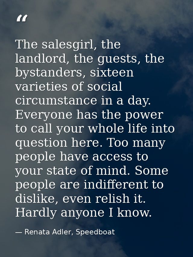The salesgirl, the landlord, the guests, the bystanders, sixteen varieties of social circumstance in a day. Everyone has — Renata Adler, Speedboat