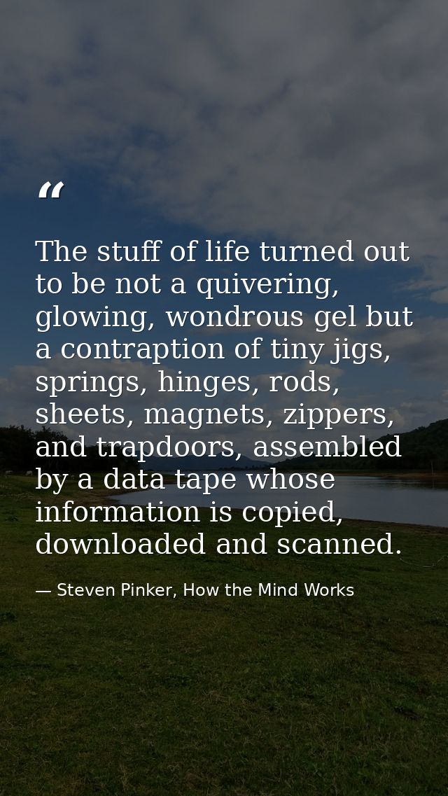The stuff of life turned out to be not a quivering, glowing, wondrous gel but a contraption of tiny jigs, springs, hinge — Steven Pinker, How the Mind Works