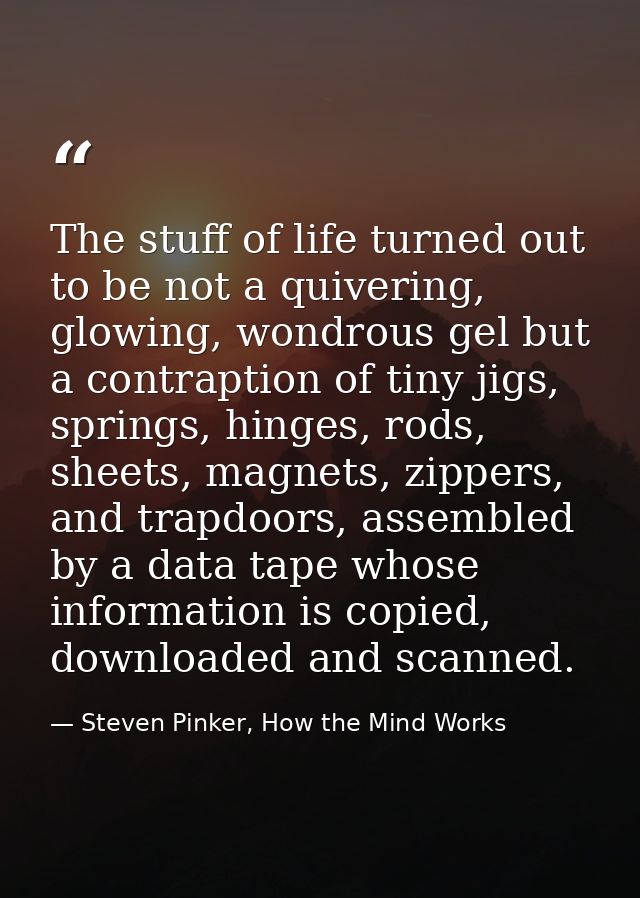 The stuff of life turned out to be not a quivering, glowing, wondrous gel but a contraption of tiny jigs, springs, hinge — Steven Pinker, How the Mind Works
