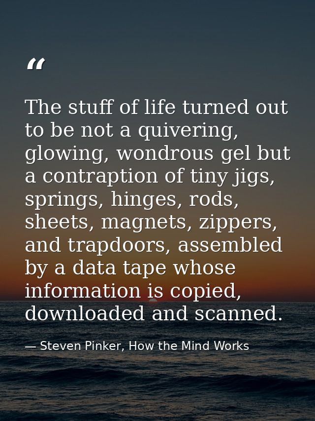 The stuff of life turned out to be not a quivering, glowing, wondrous gel but a contraption of tiny jigs, springs, hinge — Steven Pinker, How the Mind Works