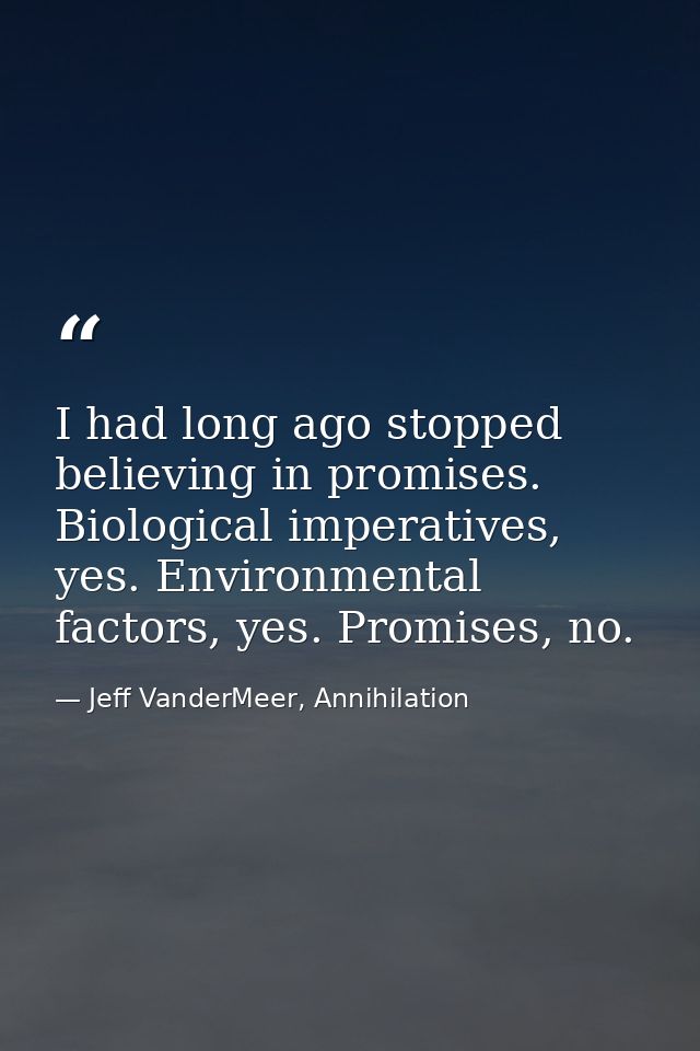 I had long ago stopped believing in promises. Biological imperatives, yes. Environmental factors, yes. Promises, no. — Jeff VanderMeer, Annihilation