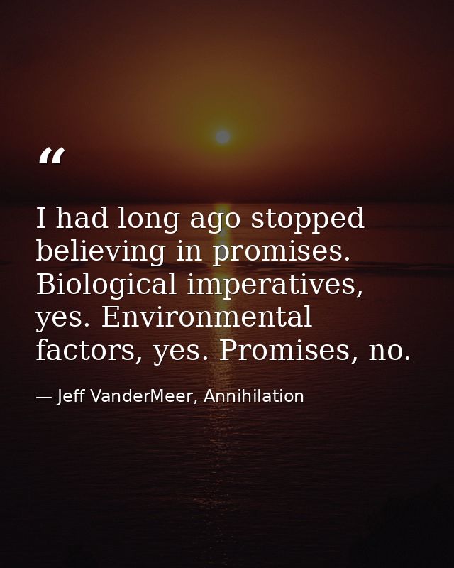I had long ago stopped believing in promises. Biological imperatives, yes. Environmental factors, yes. Promises, no. — Jeff VanderMeer, Annihilation