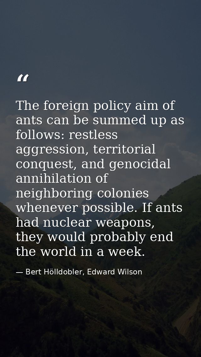 The foreign policy aim of ants can be summed up as follows: restless aggression, territorial conquest, and genocidal ann — Bert Hölldobler, Edward Wilson