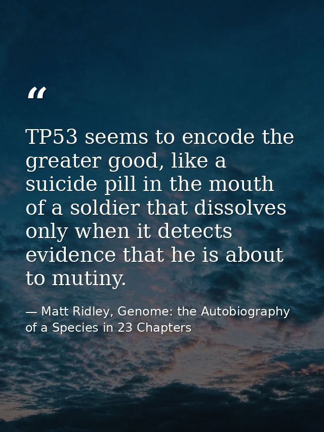 TP53 seems to encode the greater good, like a suicide pill in the mouth of a soldier that dissolves only when it detects — Matt Ridley, Genome: the Autobiography of a Species in 23 Chapters