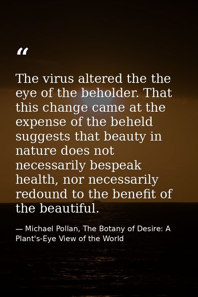 The virus altered the the eye of the beholder. That this change came at the expense of the beheld suggests that beauty i — Michael Pollan, The Botany of Desire: A Plant's-Eye View of the World